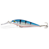 Sealurer floating fishing lure in 11cm length and blue/silver/orange decor with black stripes on white background