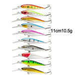 10 Sealurer floating fishing lures in 11cm length and many different colors on white background
